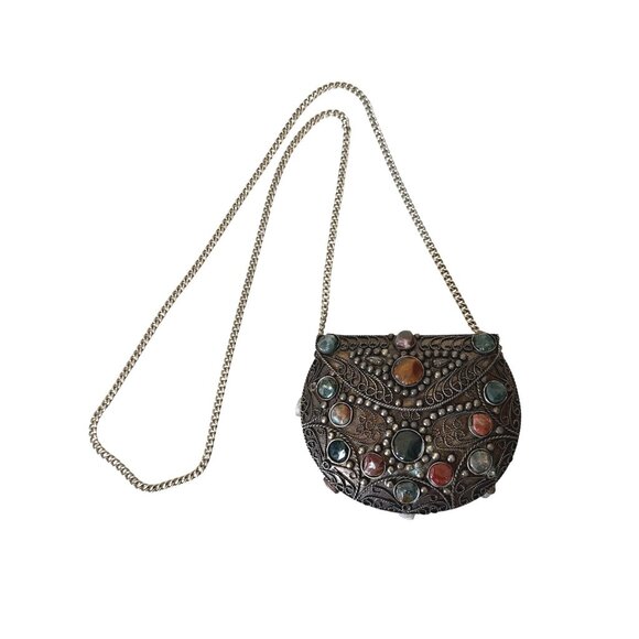 Vintage Sajai inlaid natural agate stones gems metal evening purse from India - Picture 2 of 12